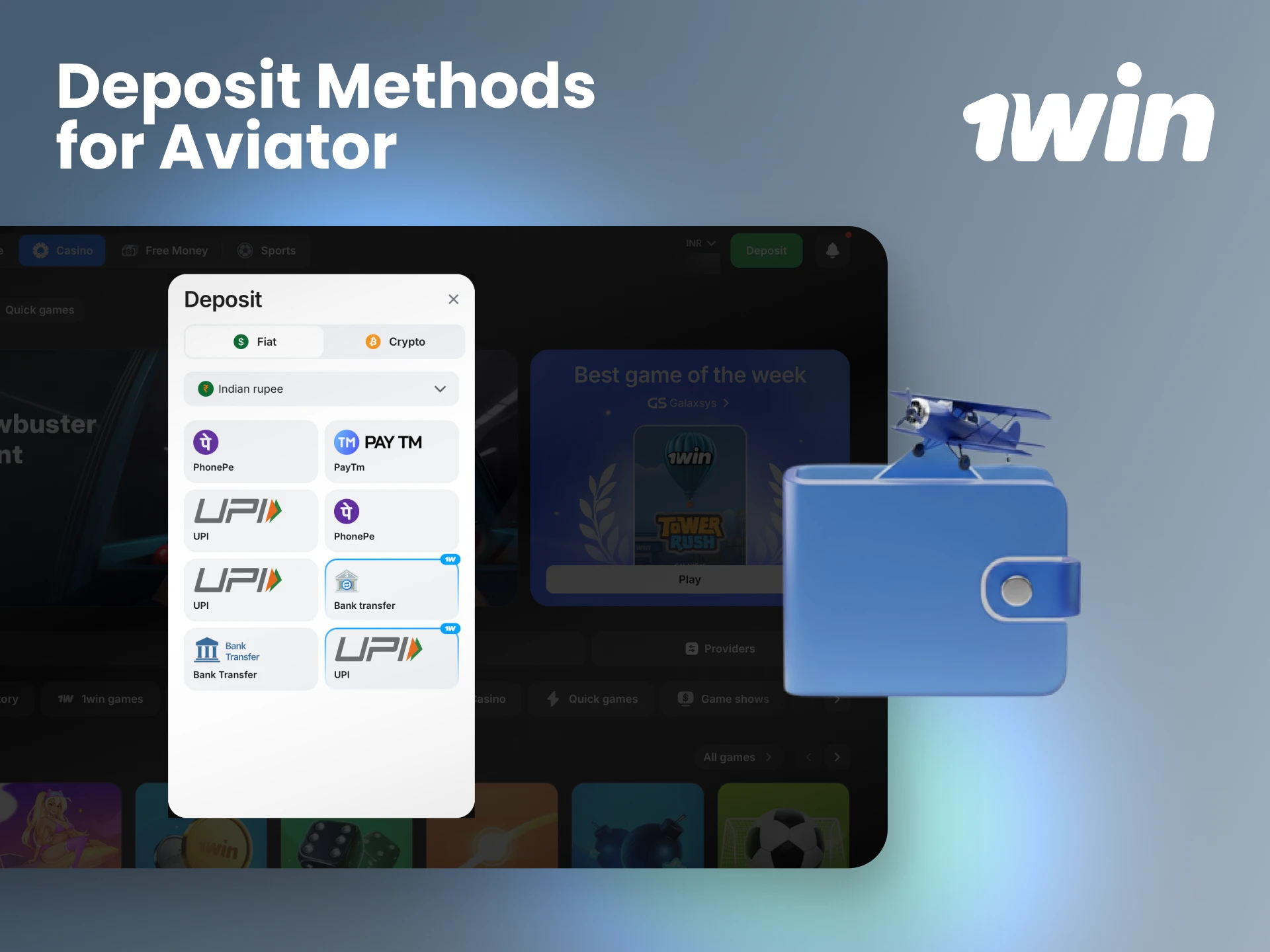Choose from trusted local payment methods to fund your account and play Aviator on 1win.