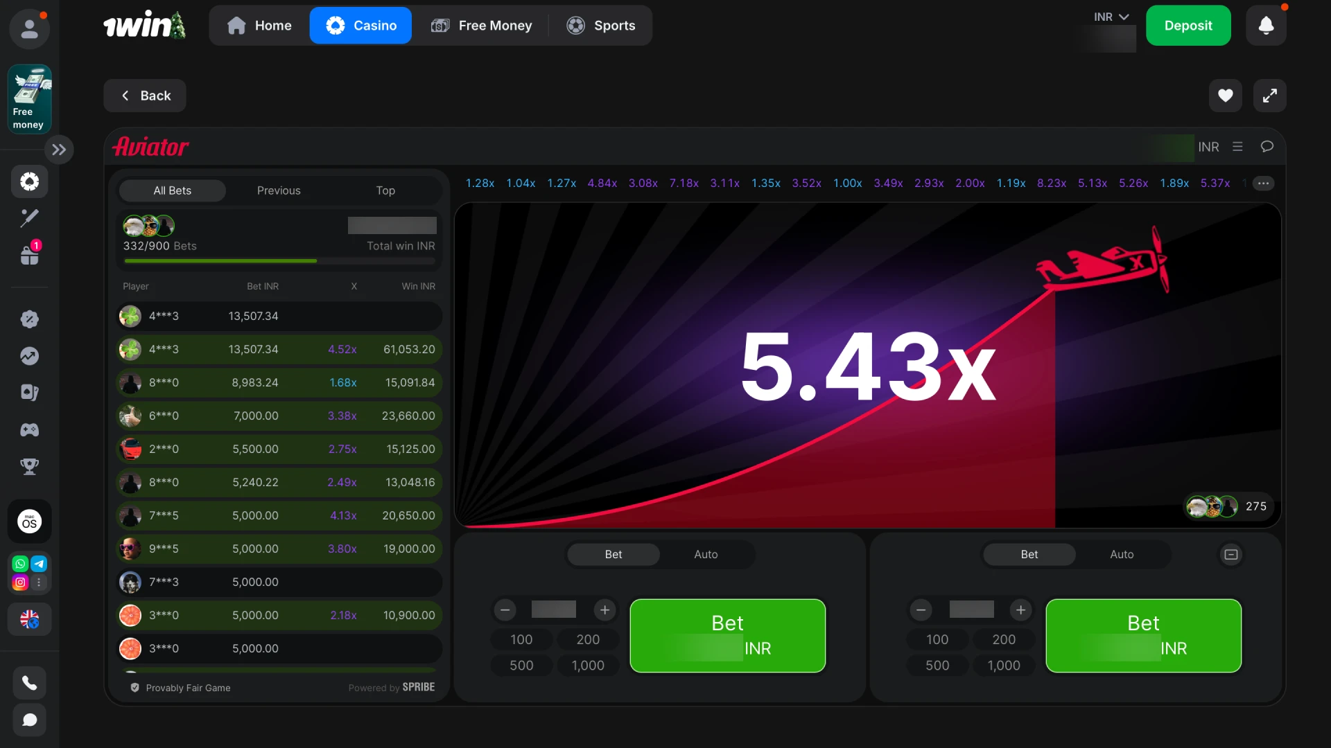 Select either the risk-free demo version or real-money mode to start playing Aviator on 1win.