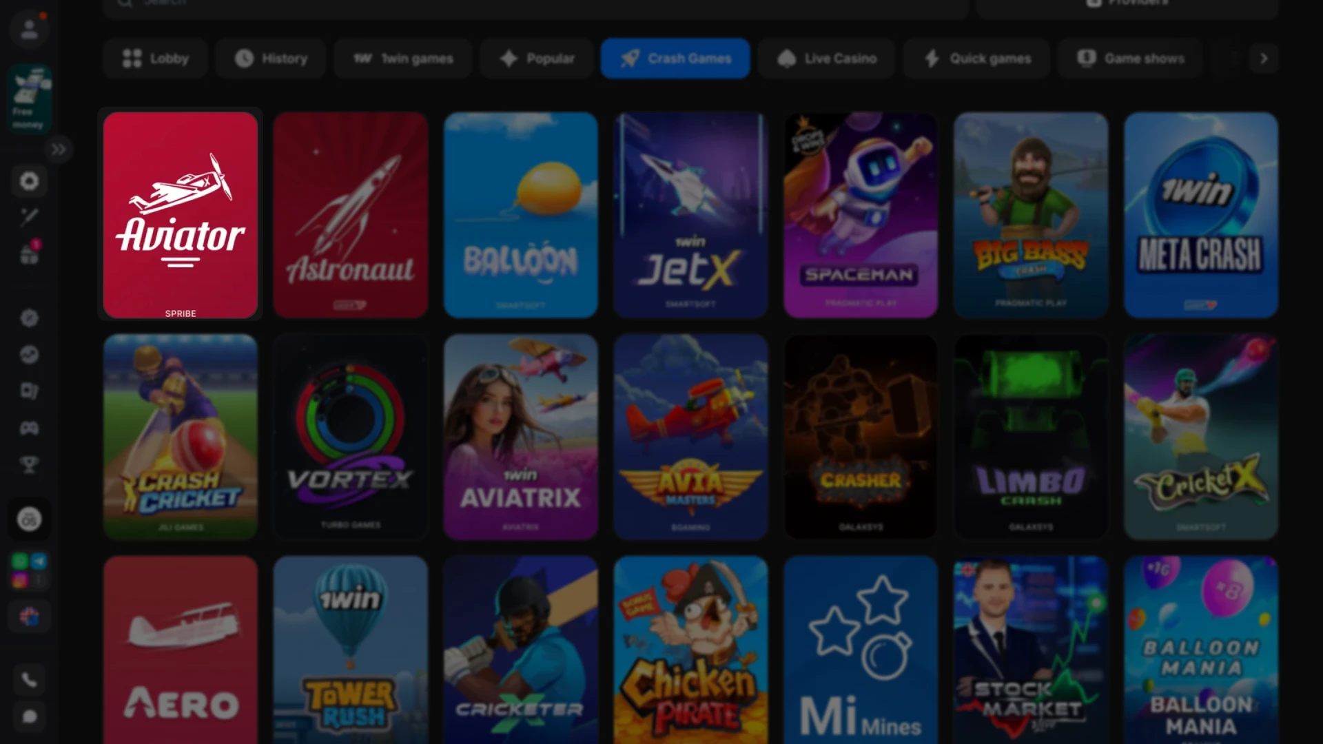 Navigate to the crash games section and locate the Aviator game in the 1win lobby.