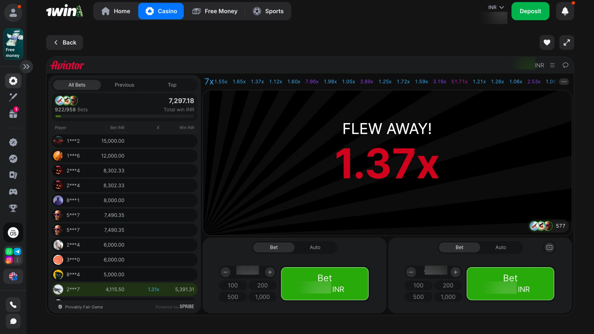 The round results screen showing the final multiplier and player payouts in the 1win Aviator game.