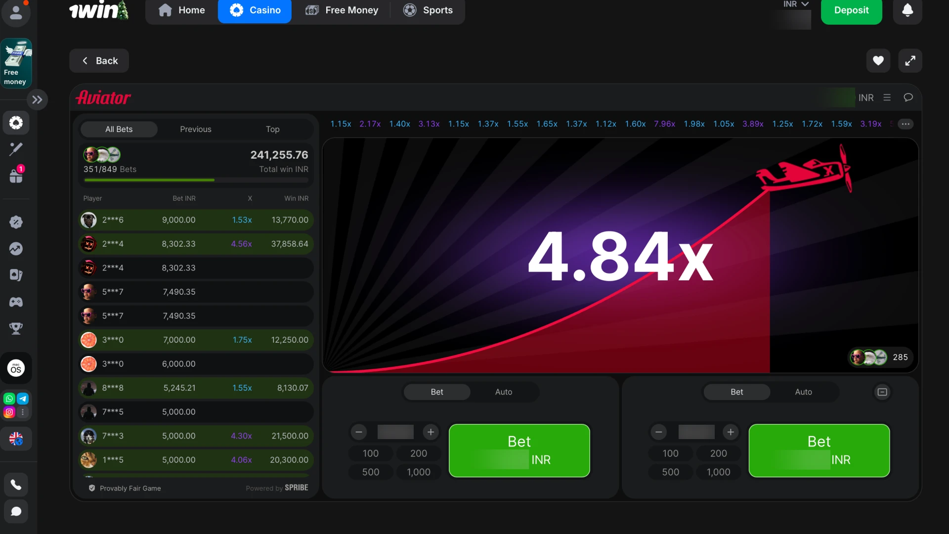 The Aviator plane ascending with the multiplier increasing during live gameplay on 1win.