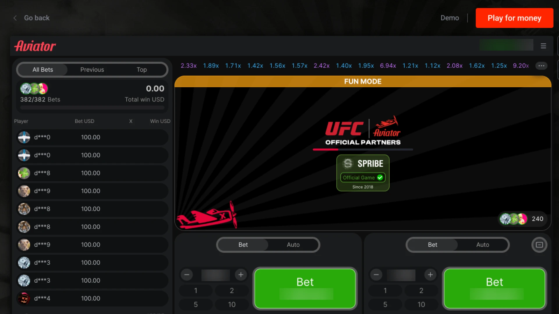 The Aviator demo game lobby screen waiting for the next crash round to begin on 1win.