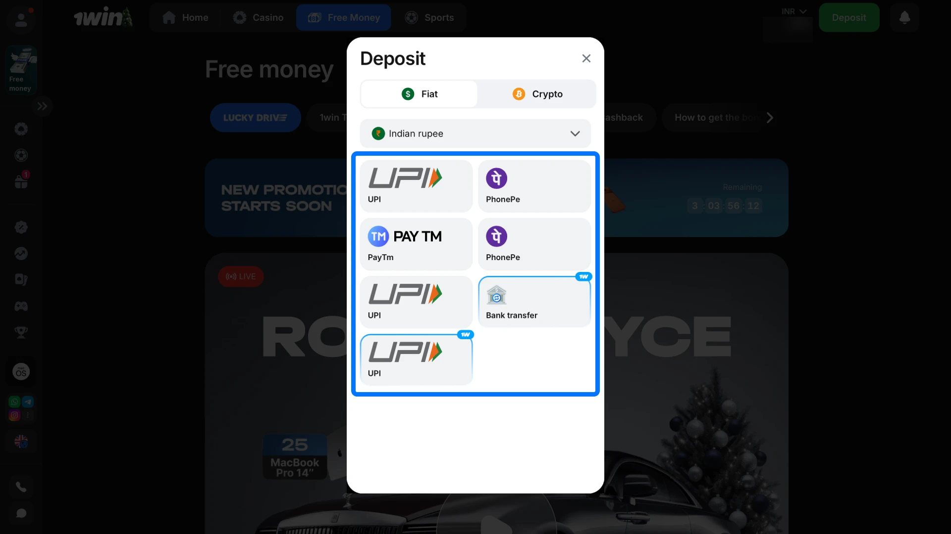 Select your preferred local payment method, such as UPI or PayTm, from the list on 1win.