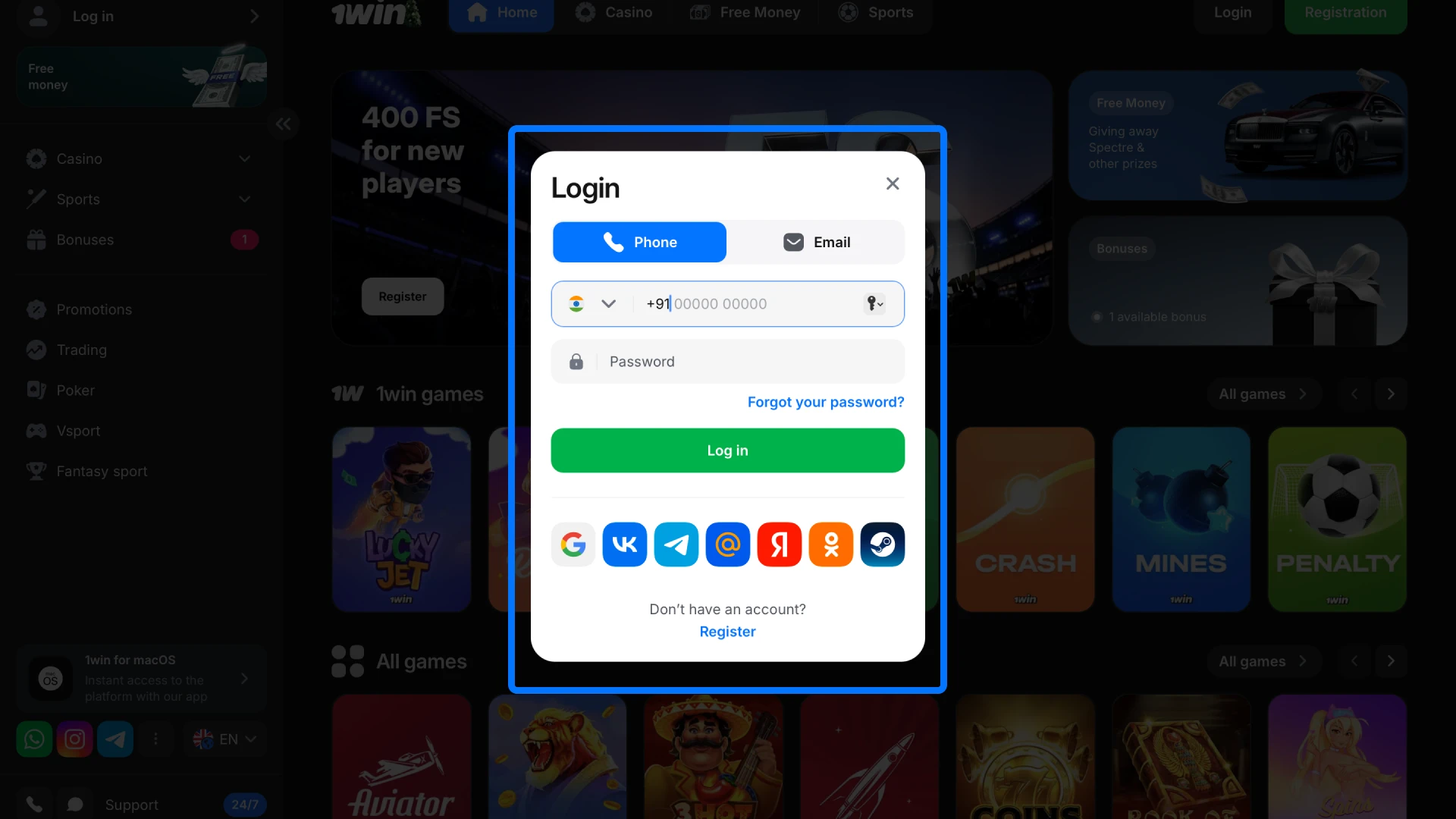 Securely access your personal account on the 1win platform to begin the deposit process.