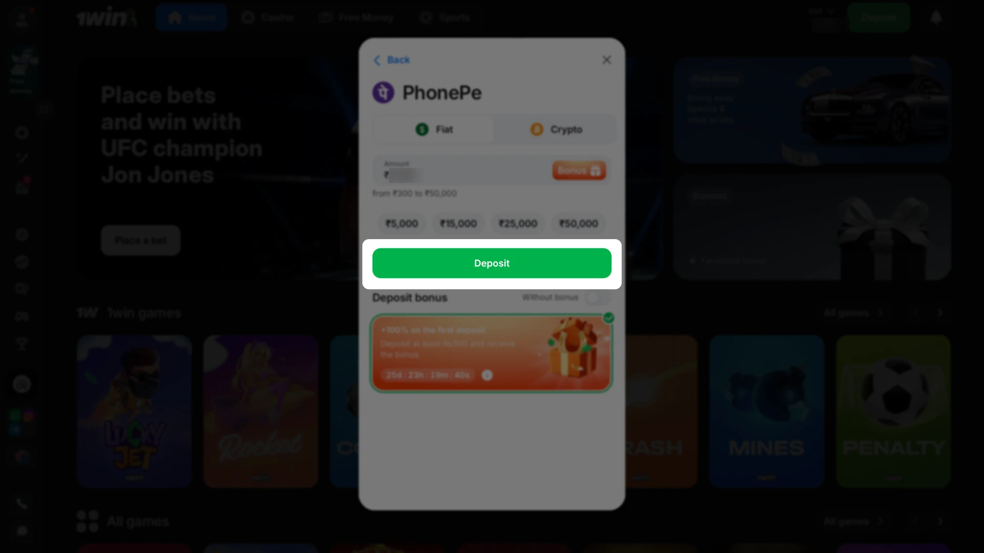 Add funds to your account using a convenient payment method to start playing on 1win.
