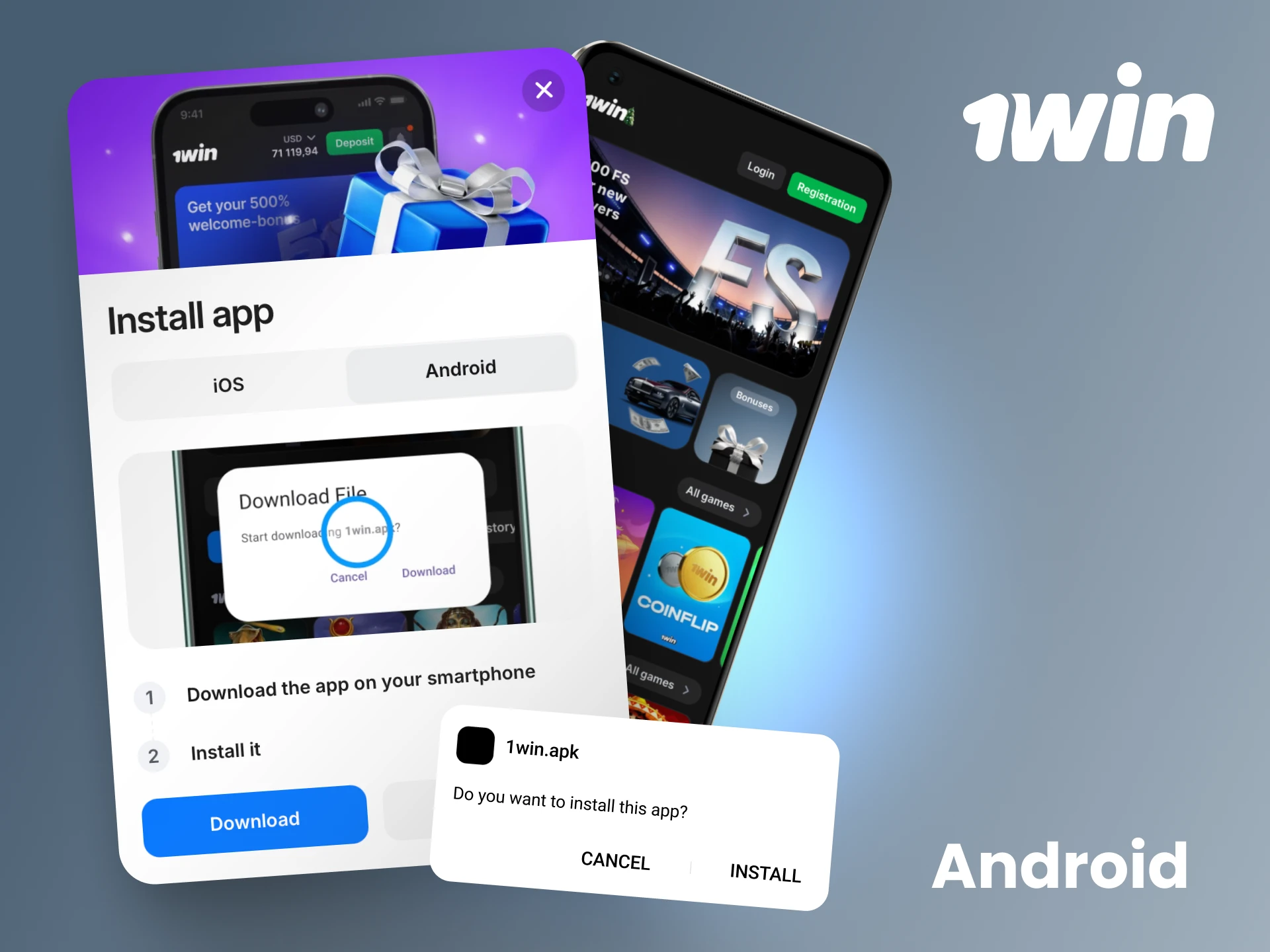 Download and install the official 1win app to start betting on your Android device.