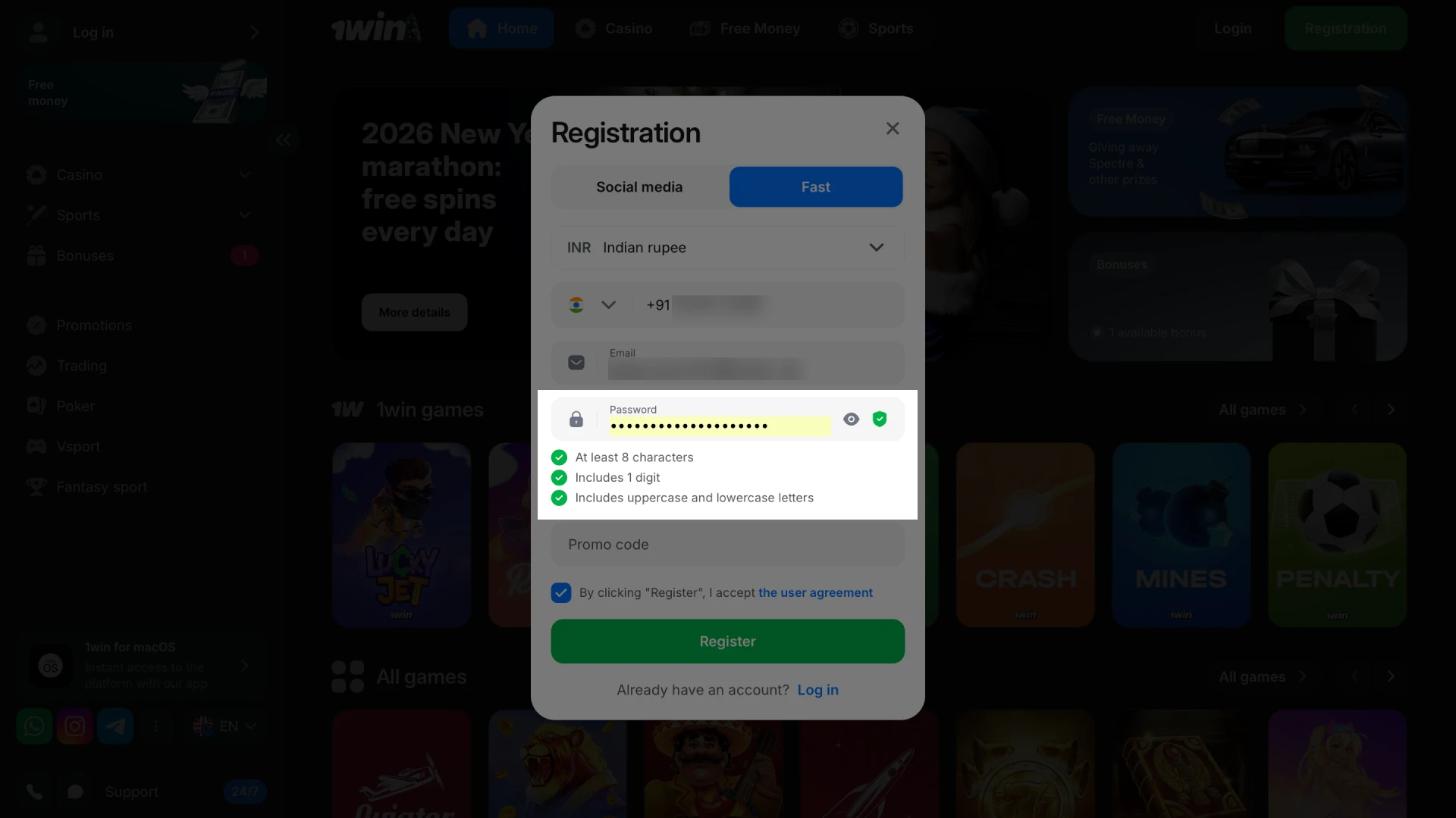 Set up a strong and secure password for your new 1win player account.