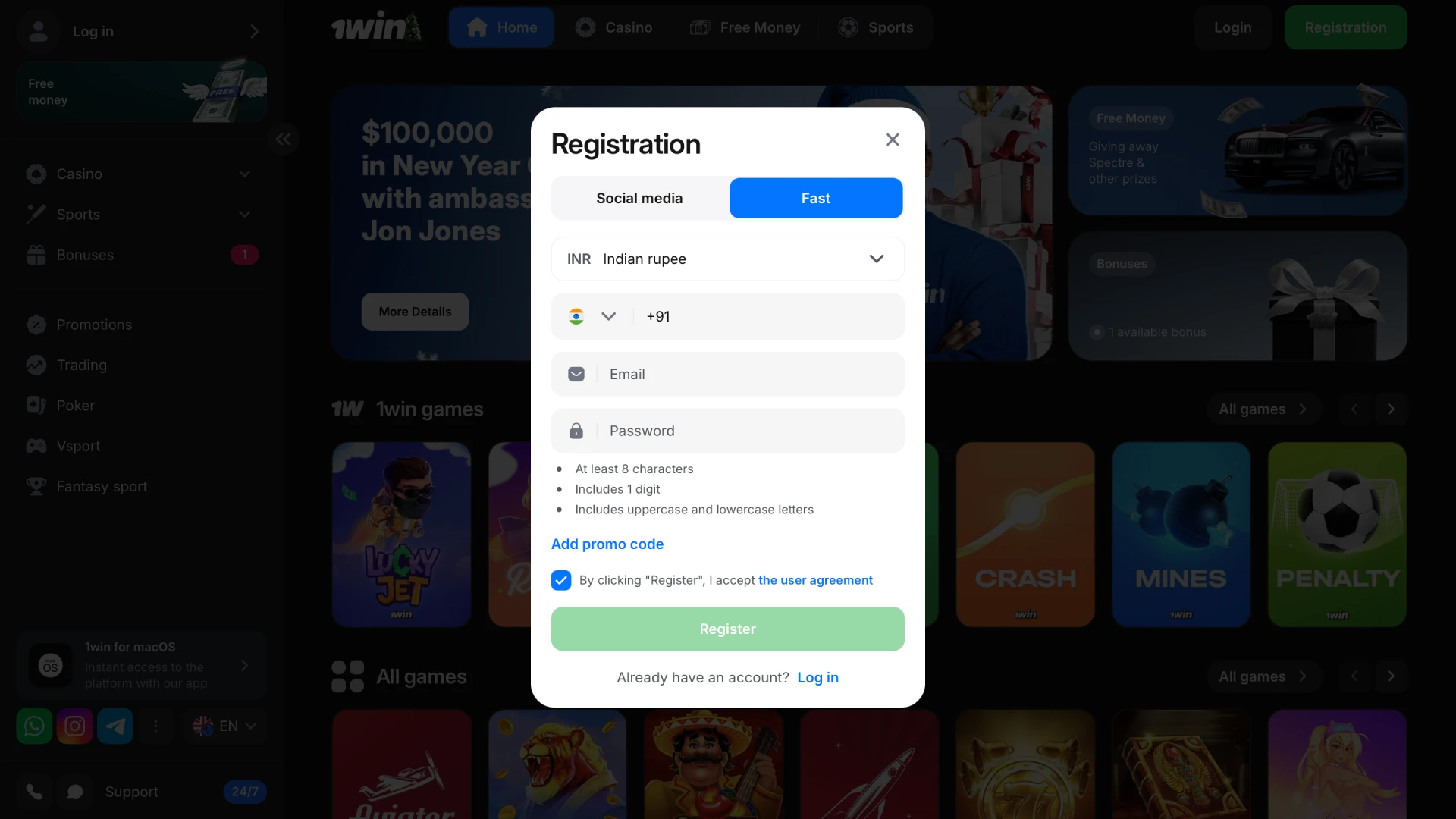 Join the 1win platform by filling out this quick and secure registration form