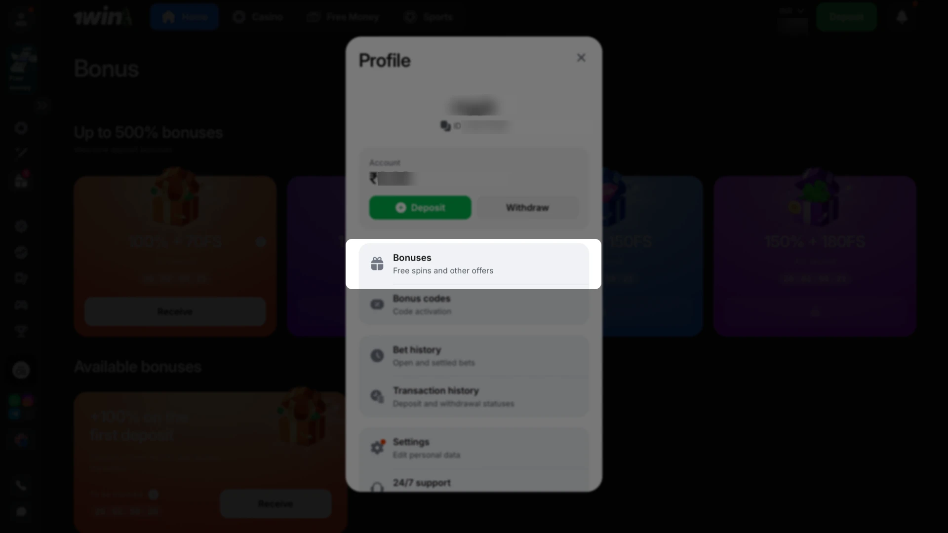 Manually activate your promo code from the account settings if it was not applied earlier on 1win.