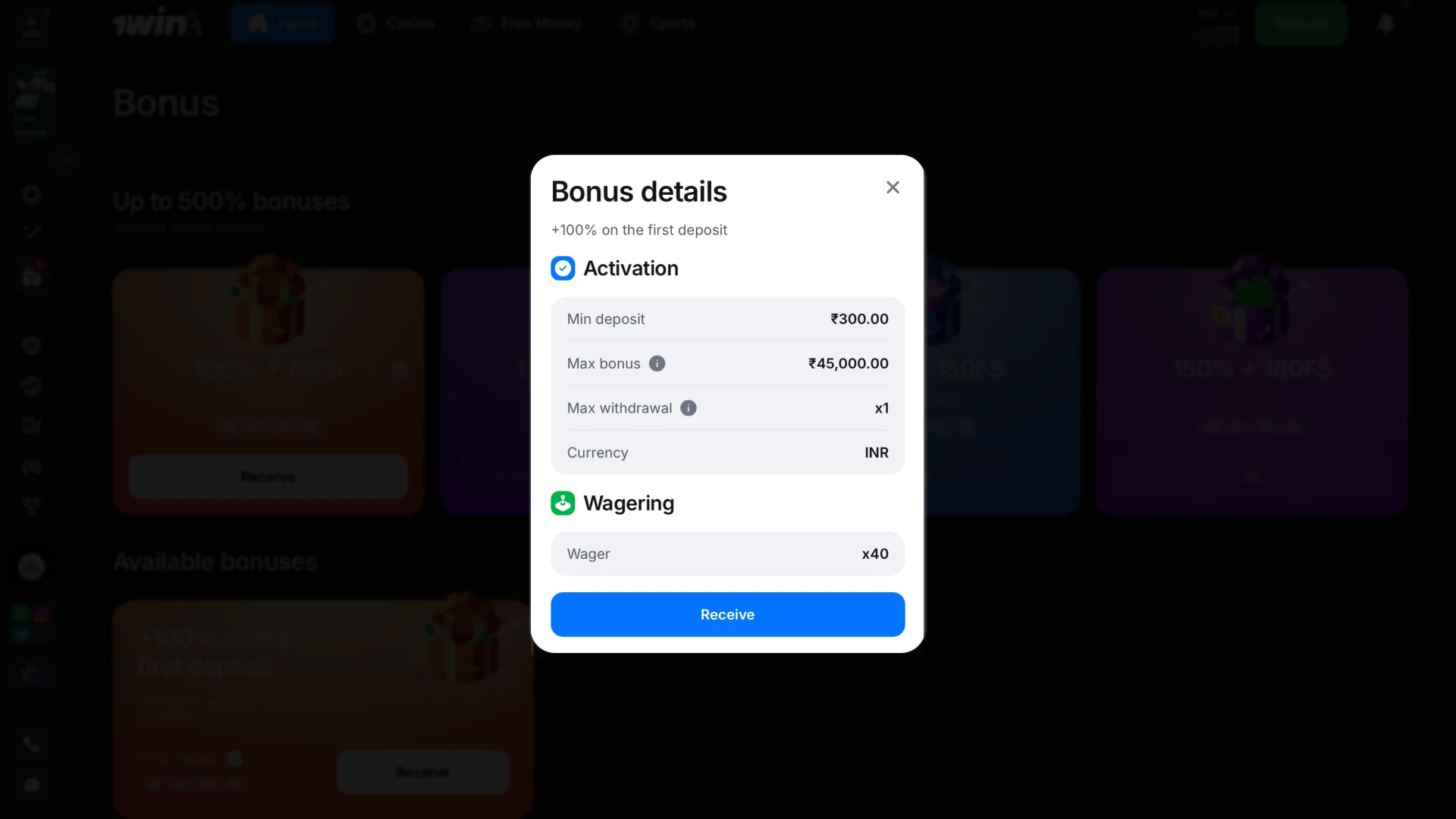 Fulfill all wagering conditions to convert your bonus code reward into real funds on 1win.