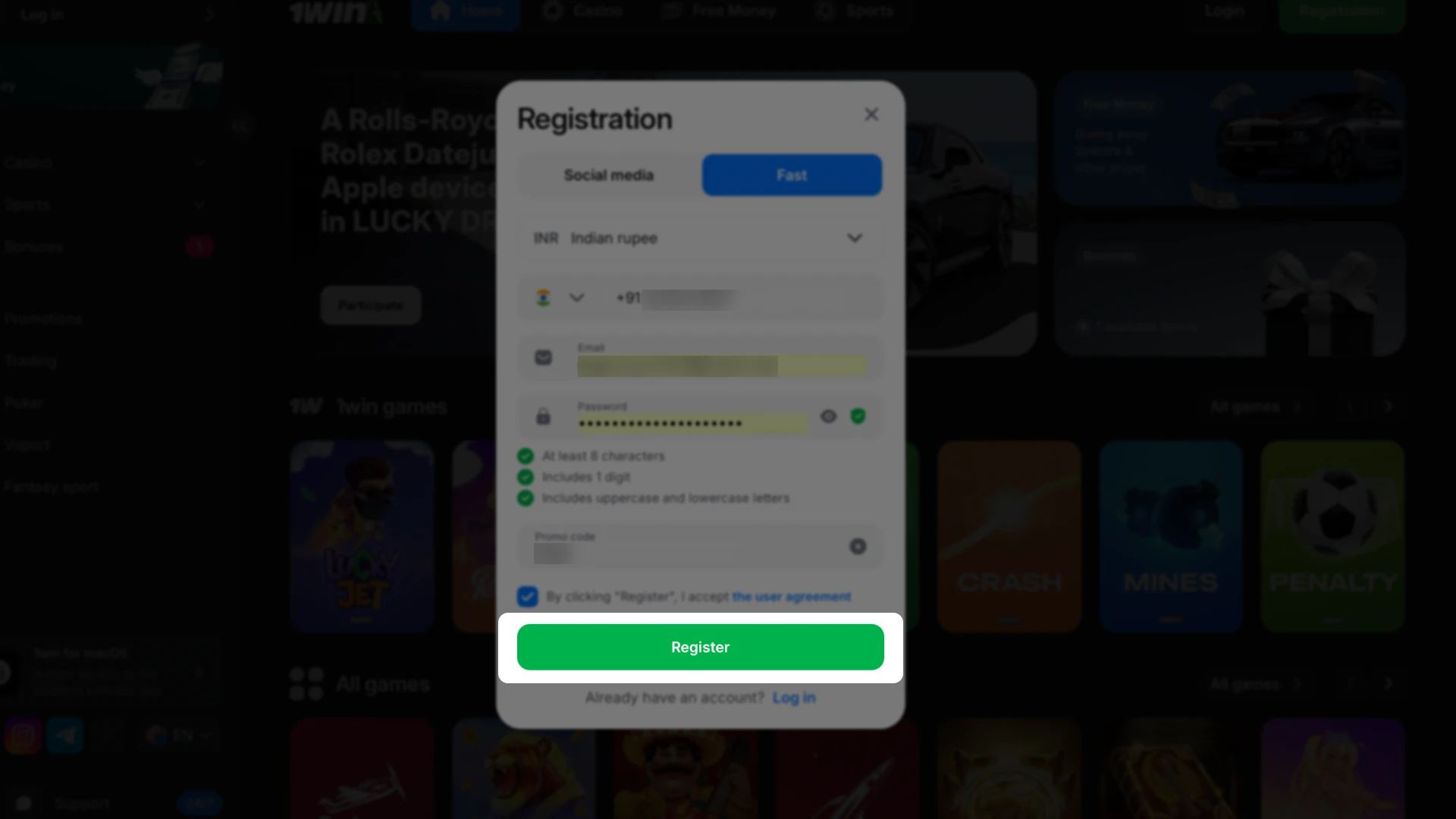 Finalize your account creation by accepting the terms and conditions on the 1win platform.