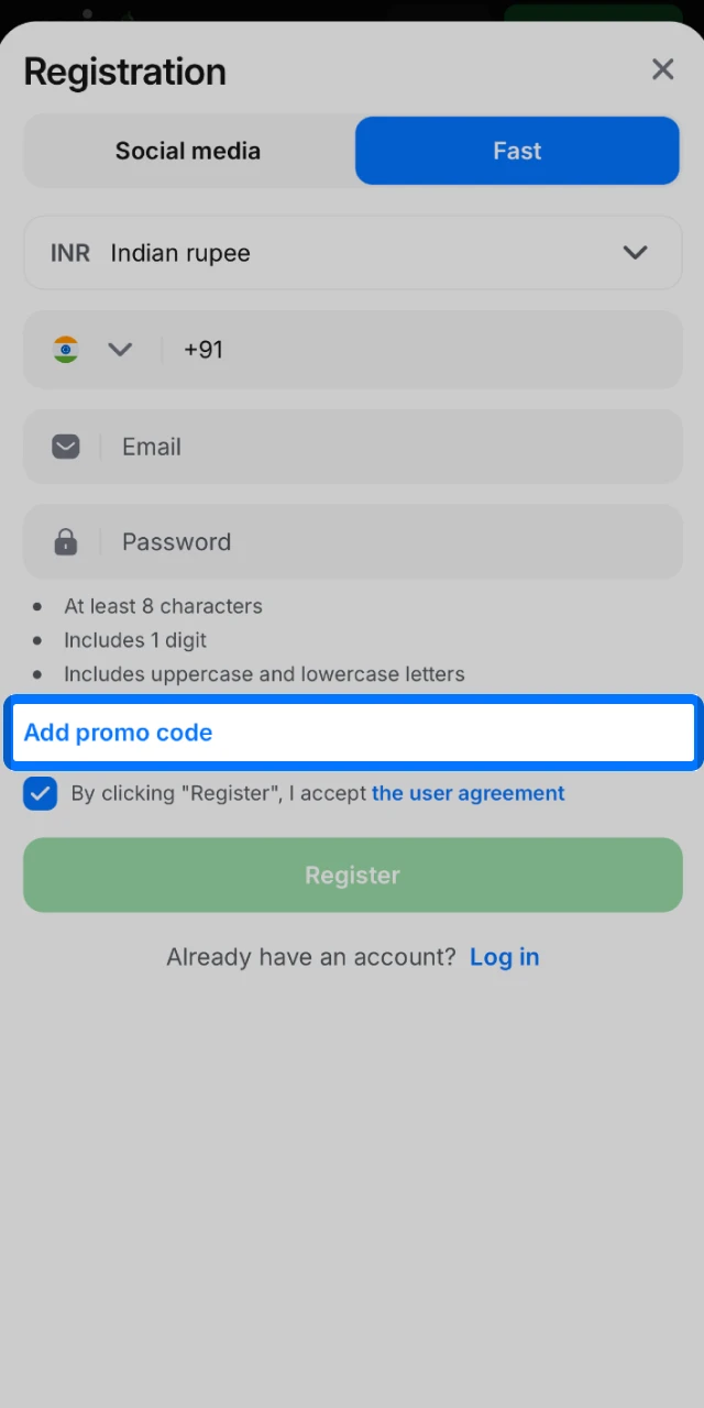 Apply your exclusive promo code using the dedicated field inside the 1win mobile app.