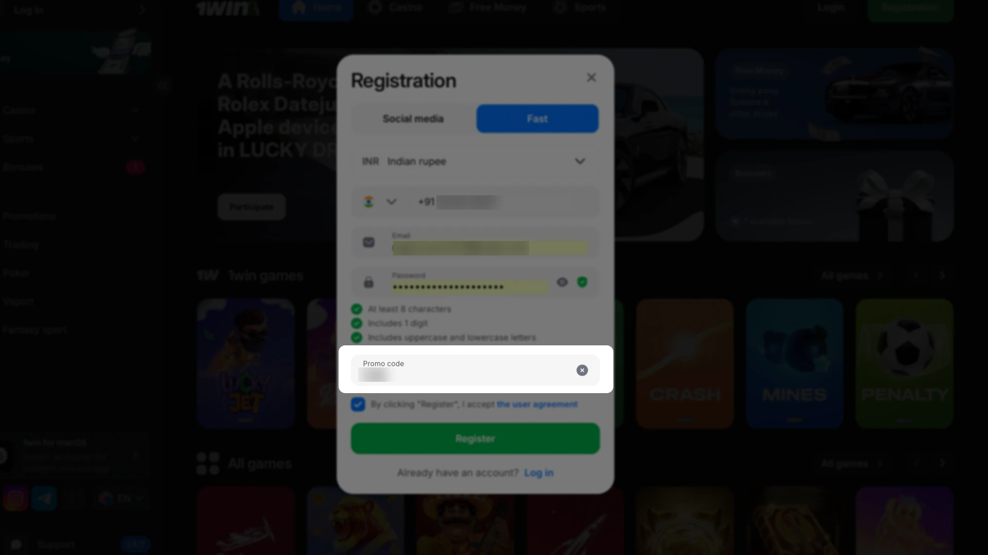 Input your valid promo code in the designated field during the 1win registration process.