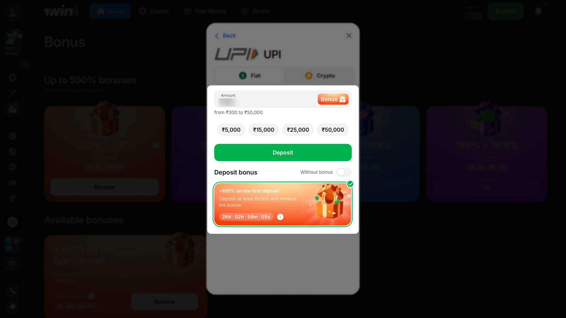 Fund your account with the minimum required amount to activate the linked 1win promo code.