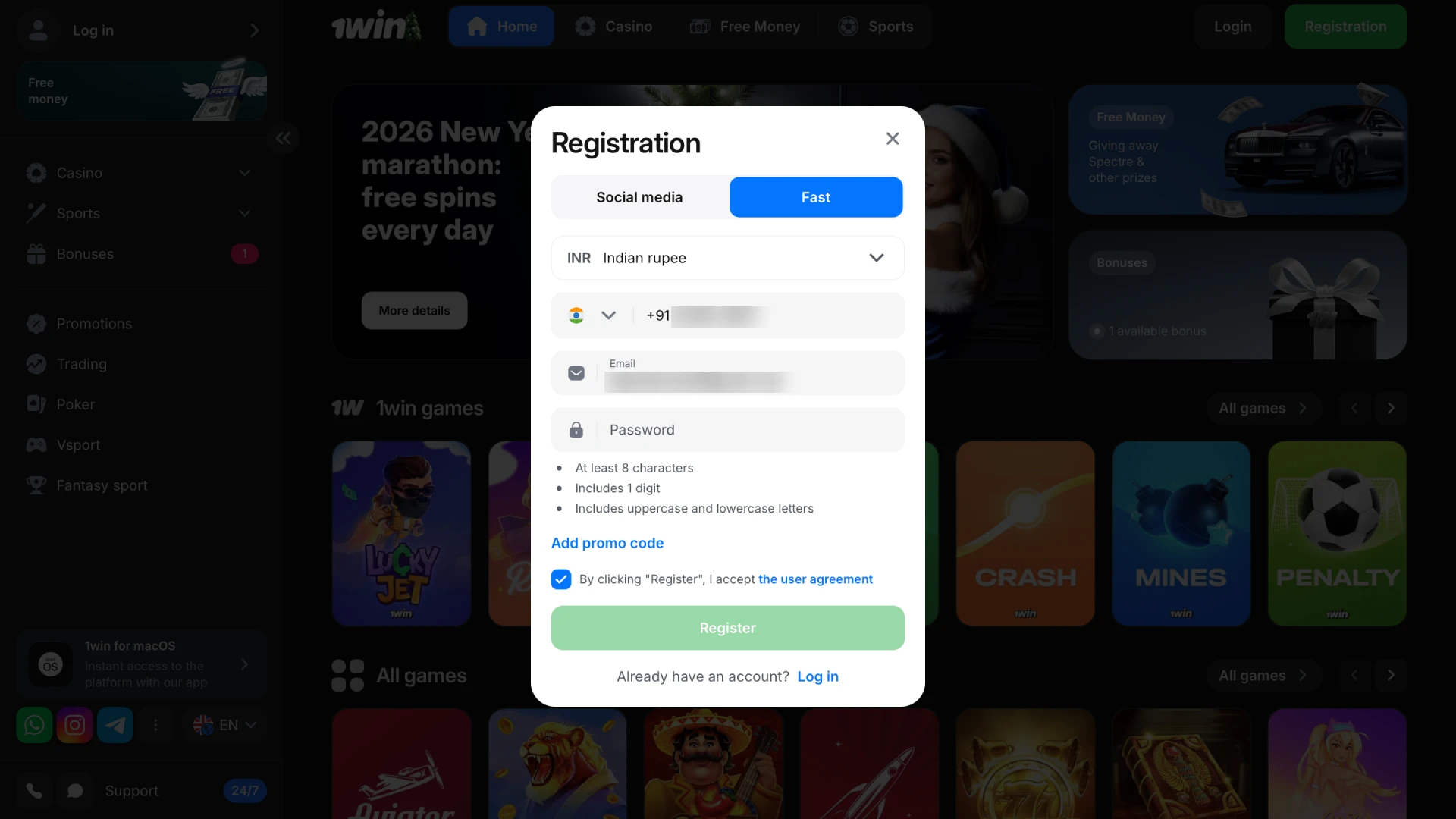 Create your new account on 1win to begin the process of applying a bonus code.