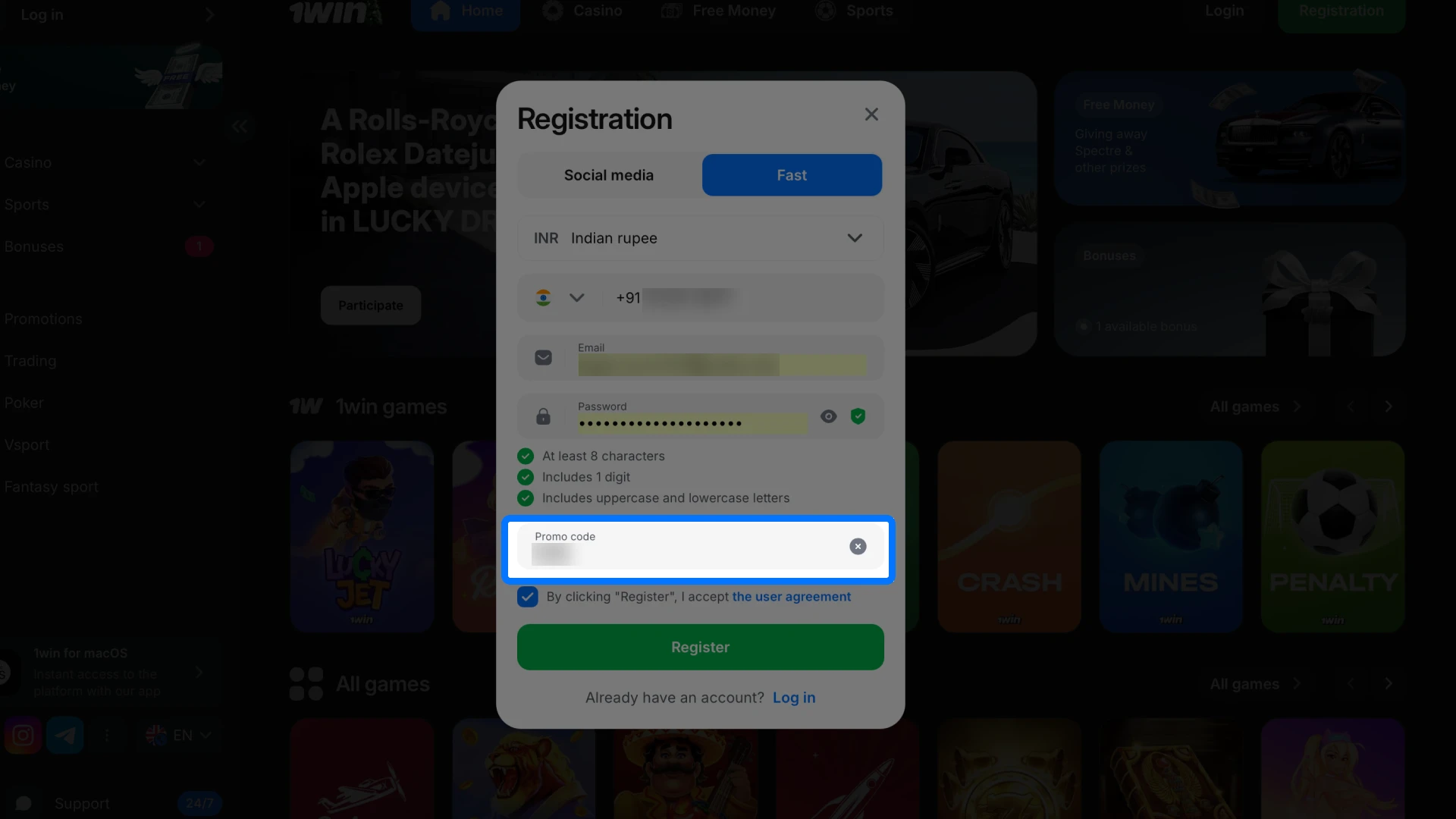 Apply an optional promotional code to enhance your welcome bonus during 1win registration.