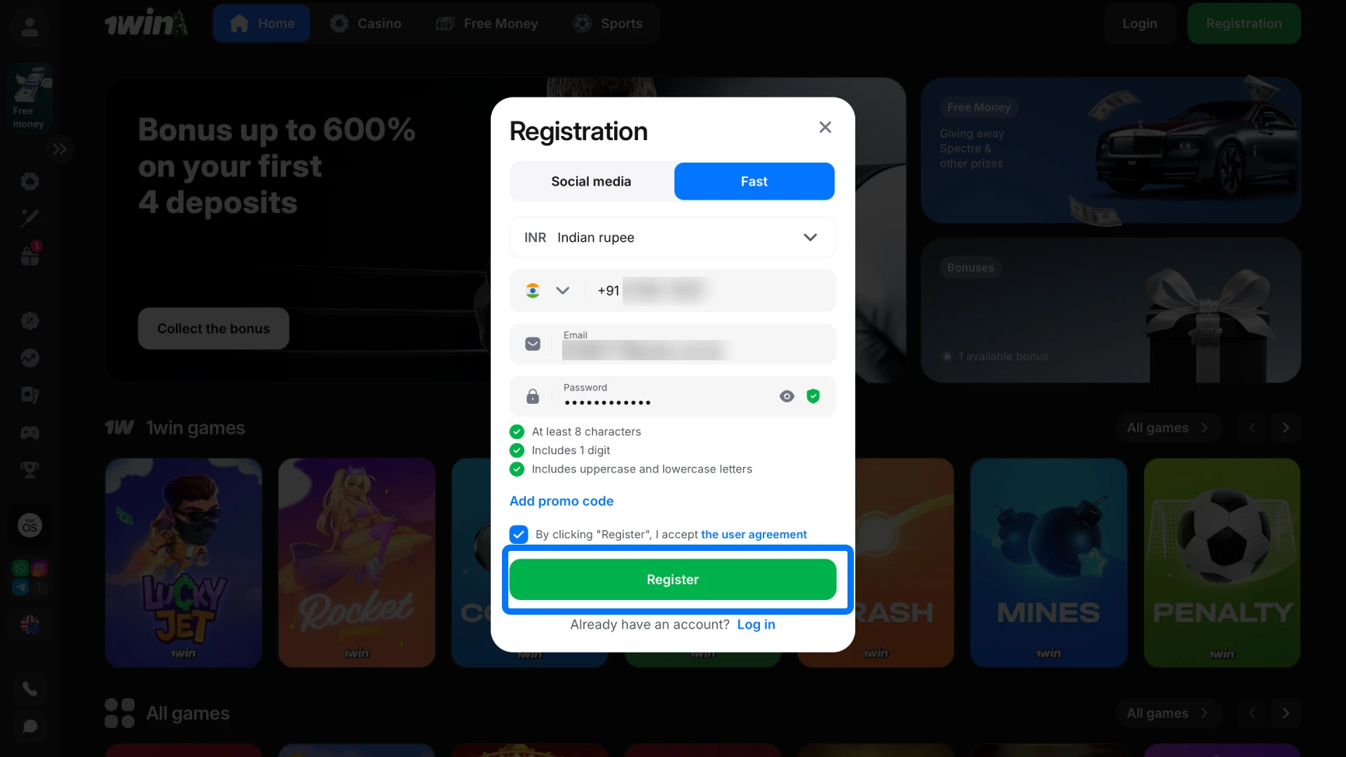 Complete the quick registration process to establish your new account on 1win.