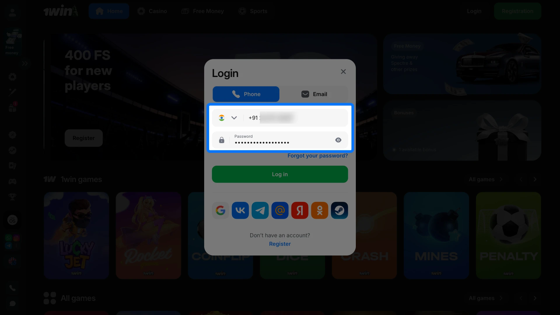 Input your registered email or phone number and password to access your 1win account.