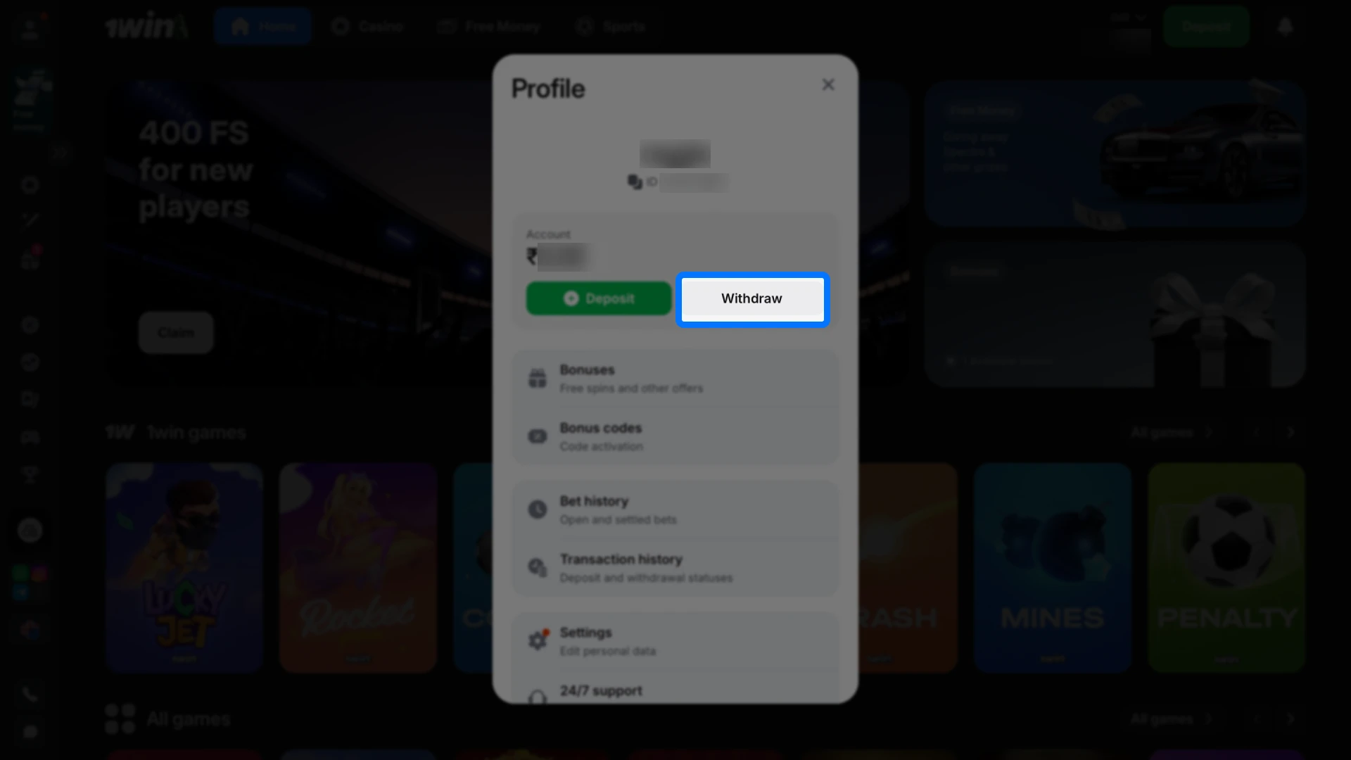 Locate and select the withdrawal option to view available payout methods on 1win.