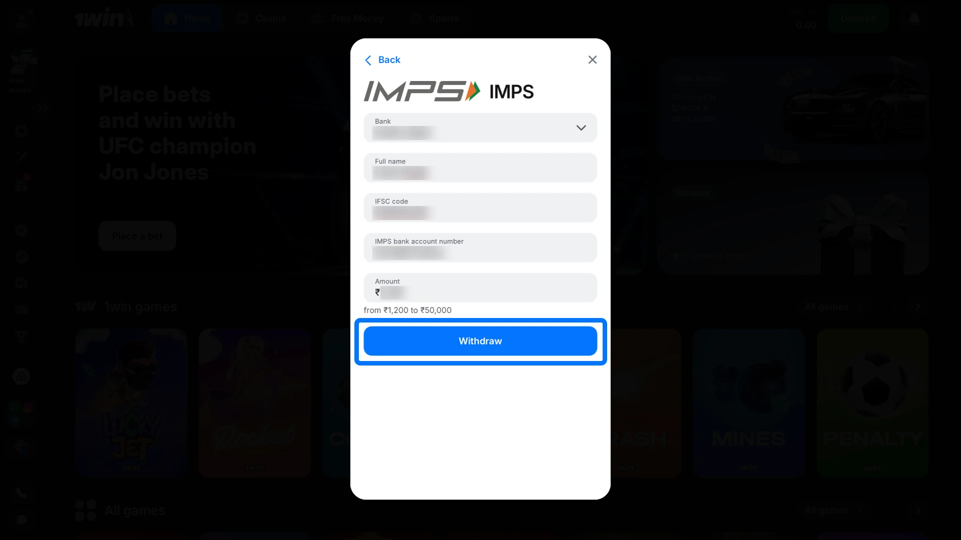 Finalize and submit your withdrawal request for processing through the 1win platform.