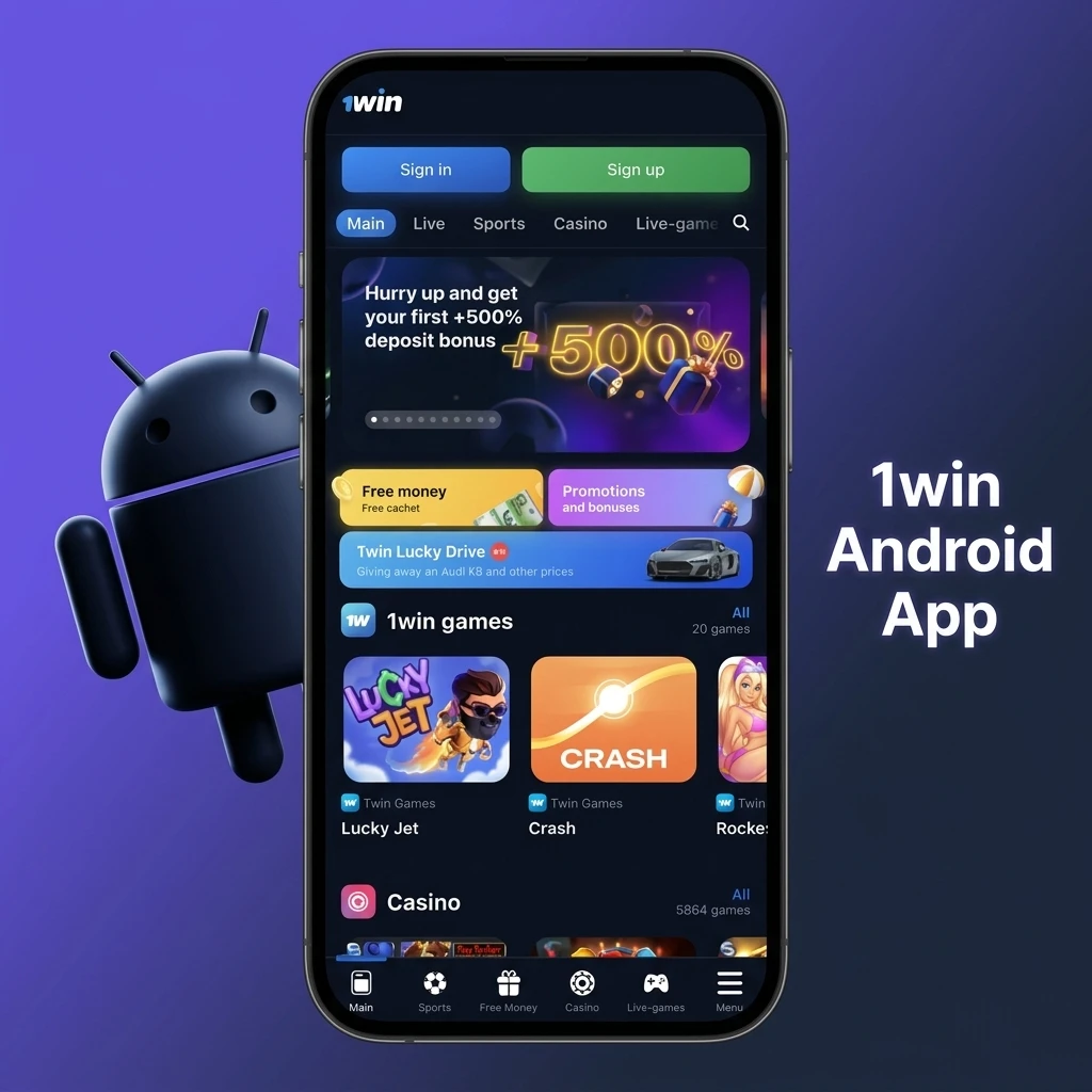 1win Android app interface showing mobile betting and casino games available for free download on Android devices