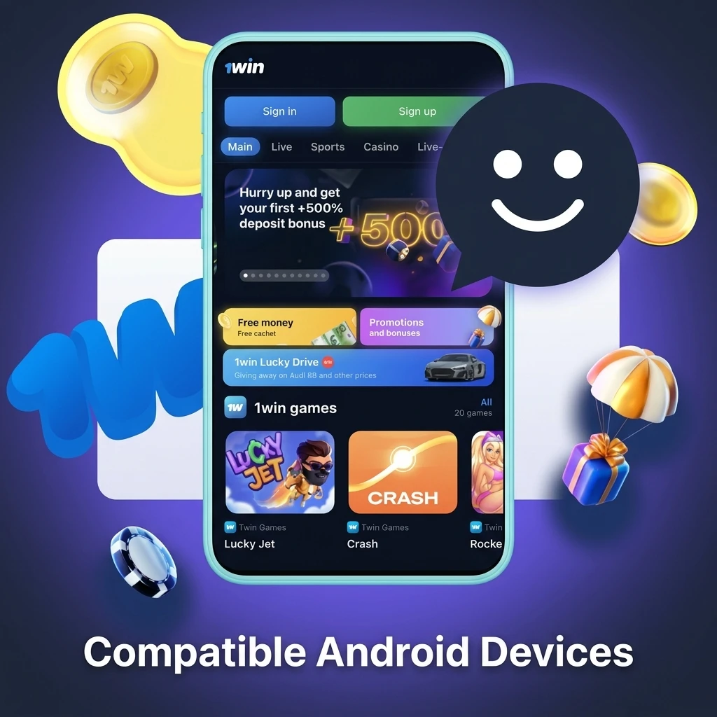 Compatible Android devices for 1win app in India including Samsung, Redmi, Realme, OnePlus, Vivo, OPPO, Poco, Infinix